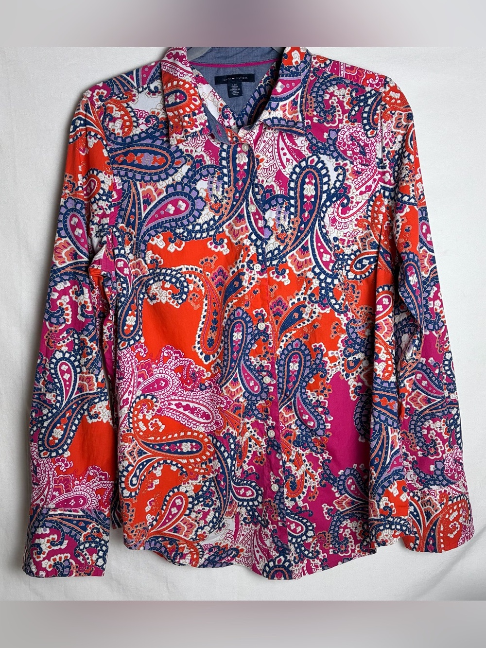 Tommy Hilfiger Paisley Button Down Shirt Womens Large Pink Orange Cotton Top L